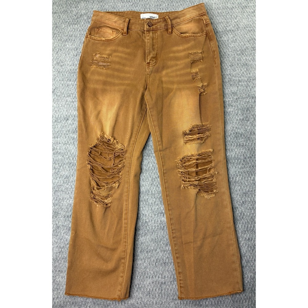 VERVET Los Angeles Womens 27 Brown Distressed Straight Leg Jeans Raw Hem Cotton